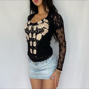 Gothic Coquette Black and Pink Lace Floral Top